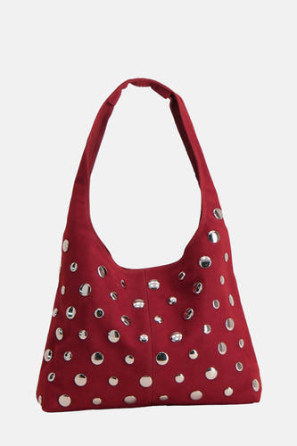 Rode schoudertas van My Jewellery Bags, versierd met zilverkleurige studs.