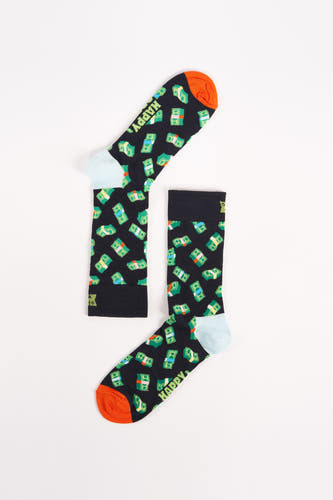 Meerkleurige sokken van Happy Socks met een patroon van stapels geld en contrasterende boorden.