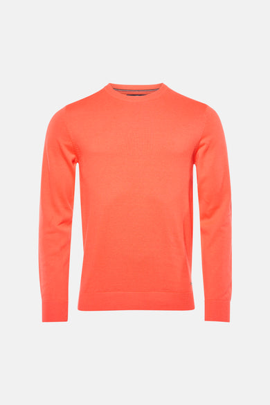 Pull de couleur corail à col rond de Petrol Industries, vu de dos, combiné avec un jean bleu clair et des baskets de couleur crème.