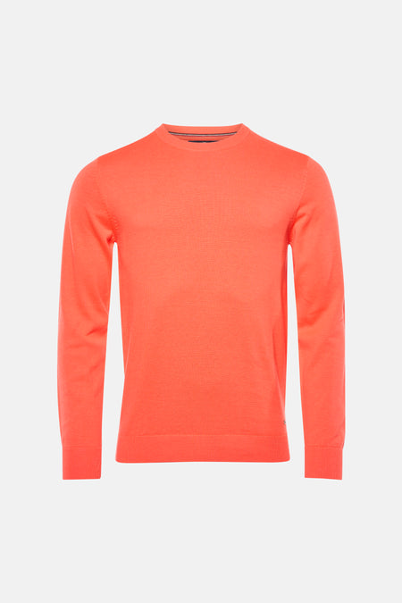 Pull de couleur corail à col rond de Petrol Industries, vu de dos, combiné avec un jean bleu clair et des baskets de couleur crème.