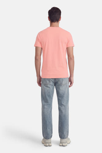 T-shirt rose à manches courtes de Petrol Industries, vu de dos, avec un jean et des baskets blanches.