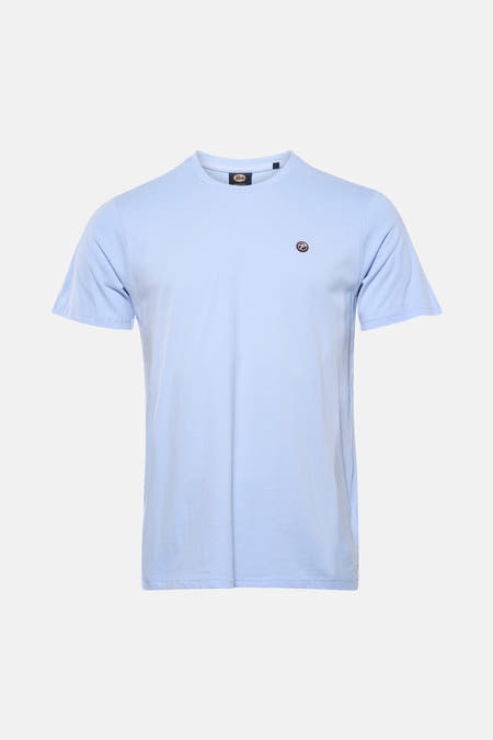 T-shirt bleu à manches courtes de Petrol Industries®, avec un petit logo rond sur la poitrine.