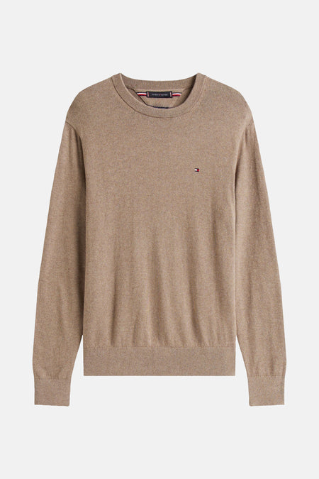 Gilet beige Tommy Hilfiger avec col rond, en tissu finement tricoté et logo sur la poitrine.