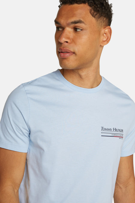T-shirt à manches courtes bleu clair TOMMY HILFIGER avec logo sur la poitrine, col rond, détail rayé, gros plan avant