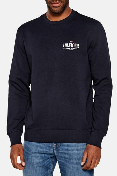 Pull-over bleu de TOMMY HILFIGER avec logo blanc sur la poitrine et manches longues, porté avec un jean.