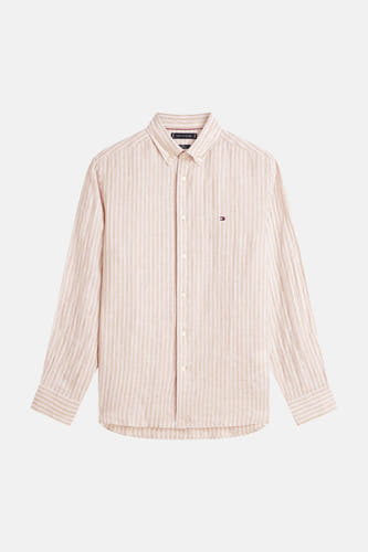 Chemise beige à manches longues TOMMY HILFIGER, avec un motif rayé et une fermeture boutonnée.