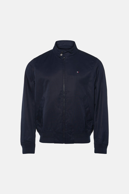 Donkerblauwe korte jas van TOMMY HILFIGER met rits, standaard kraag en ribboorden aan mouwen en zoom, front view