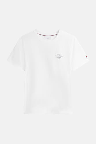 Witte korte mouwen T-shirt van TOMMY HILFIGER met subtiel logo op borst en kleurrijke label aan mouw, front view