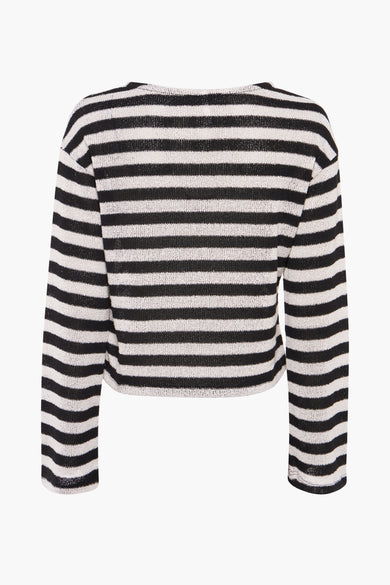 Pull en tricoté de noir avec col rond de HAILYS, avec un motif rayé horizontal, dos visible.