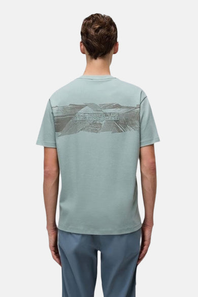 T-shirt vert avec manches courtes de NAPAPIJRI, imprimé de montagne sur le dos.