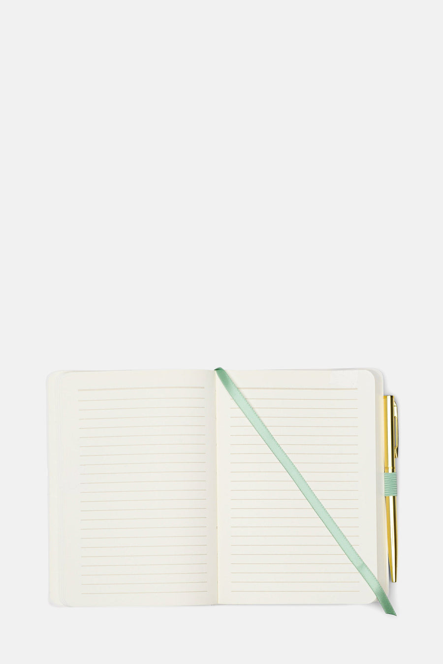 Open notitieboek met gouden pen en groene bladwijzer.
