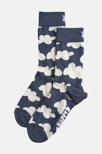Chaussettes bleues de Happy Socks avec un motif de nuages blancs sur un fond uni.