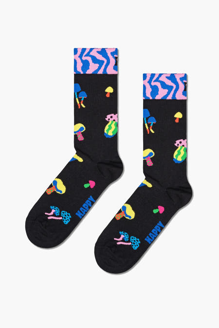 Chaussettes multicolores à imprimé champignons de Happy Socks®, base noire avec bord supérieur en zigzag rose et bleu, partie du pied avec logo "HAPPY"