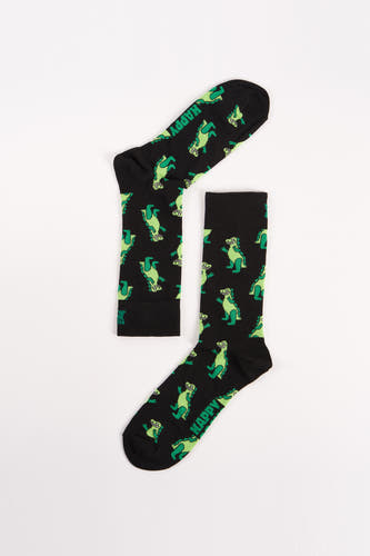 Chaussettes noires de Happy Socks avec un motif de dinosaure vert et le mot "HAPPY".