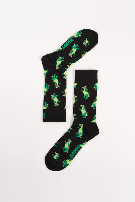 Chaussettes noires de Happy Socks avec un motif de dinosaure vert et le mot "HAPPY".