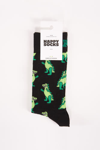 Chaussettes noires de Happy Socks avec un motif de dinosaure vert sur fond blanc.