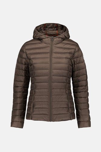 Bruine gewatteerde jas met capuchon.
