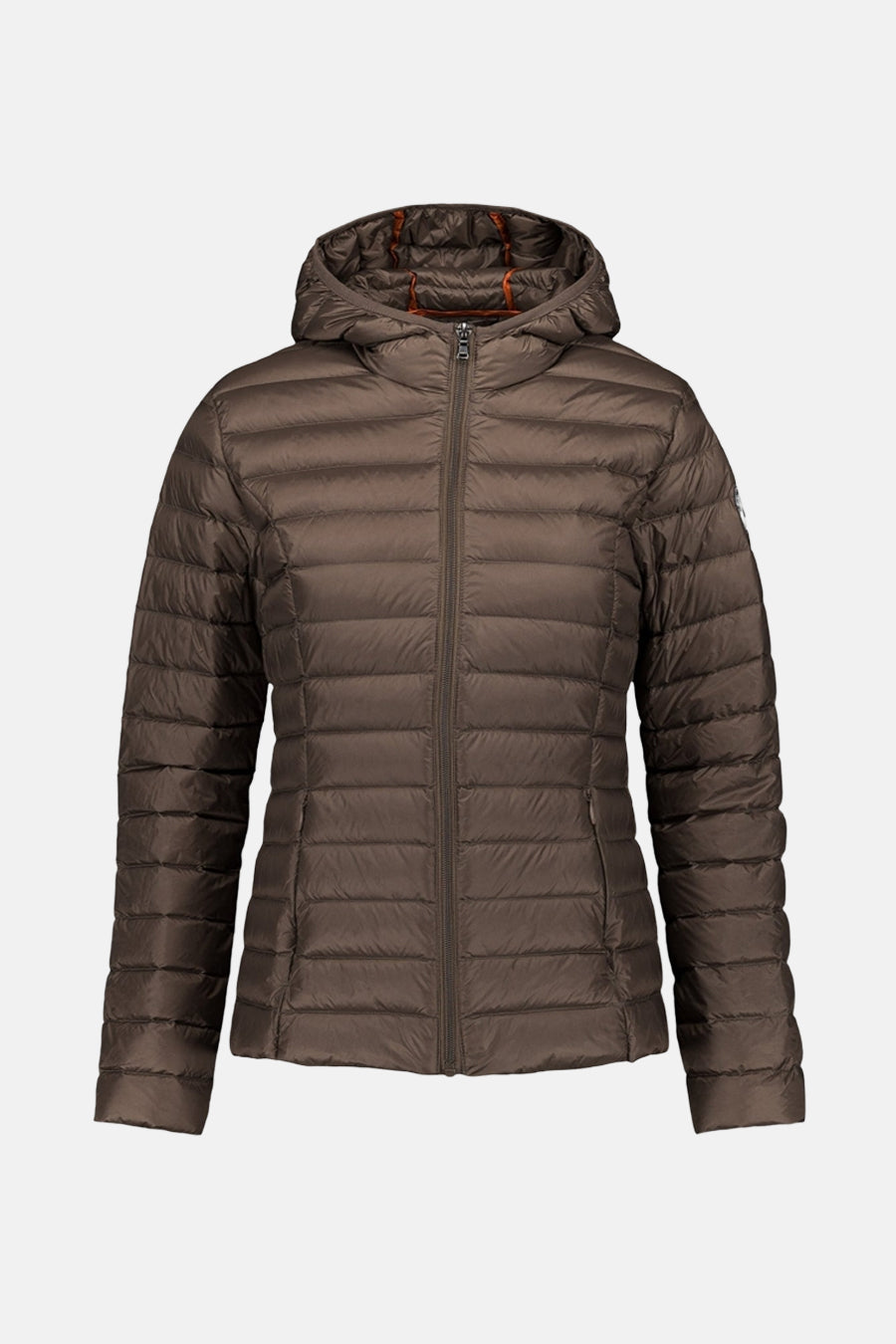 Bruine gewatteerde jas met capuchon.
