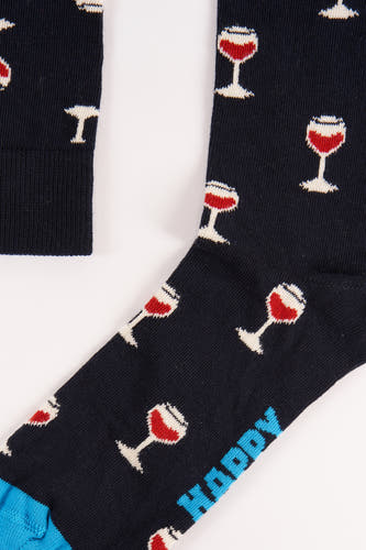 Blauwe sokken van Happy Socks® met een patroon van rode wijnglazen.