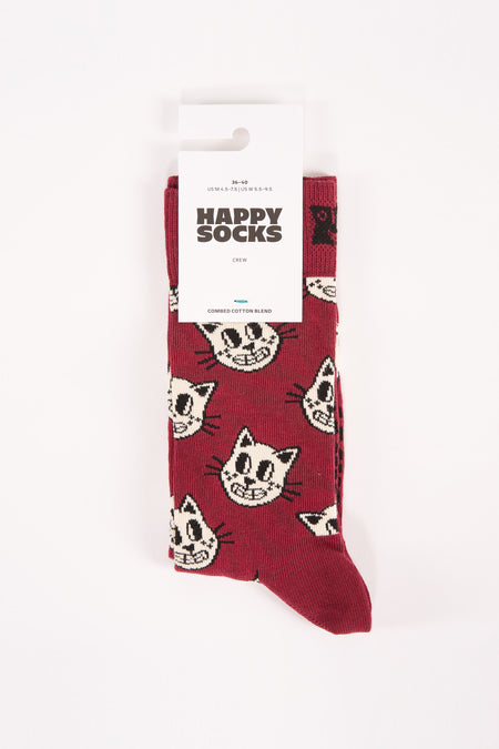 Chaussettes rouge foncé avec motif de chat de Happy Socks, tricotées en mélange de coton, longueur crew, sur fond blanc