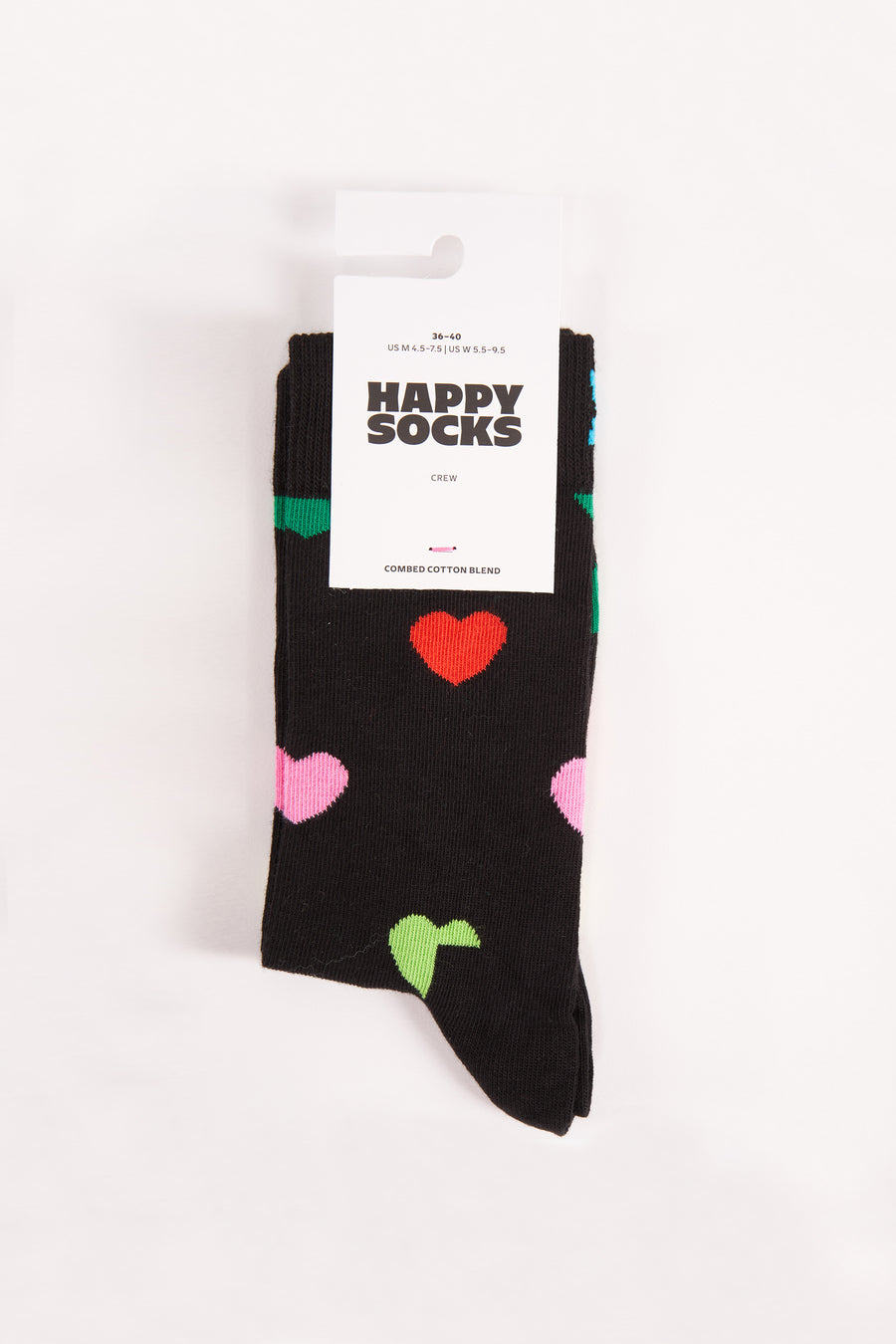 Chaussettes noires de Happy Socks avec des cœurs colorés comme motif décoratif, y compris la carte de produit.
