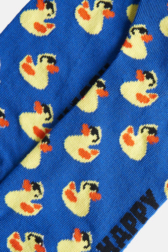 Chaussettes bleues de Happy Socks avec un motif de canards jaunes à becs oranges et de détails noirs.