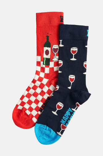 Lot de multicolore Happy Socks, avec un motif à carreaux rouge et blanc et des motifs de bouteilles de vin et de verres à vin.
