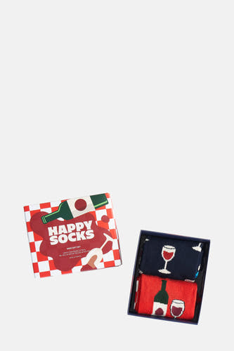 Ensemble de cadeaux multicolores de Happy Socks, avec des motifs de verres et bouteilles de vin, présenté dans une boîte à cadeaux bleue.