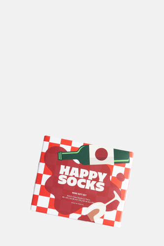 Multicolor cadeaupakket van Happy Socks, met rood-wit geblokt patroon, wijnfles- en wijnglasmotieven.