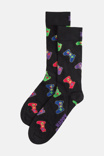 Chaussettes noires de Happy Socks, avec un motif coloré de manettes de jeu sur toute la chaussette.