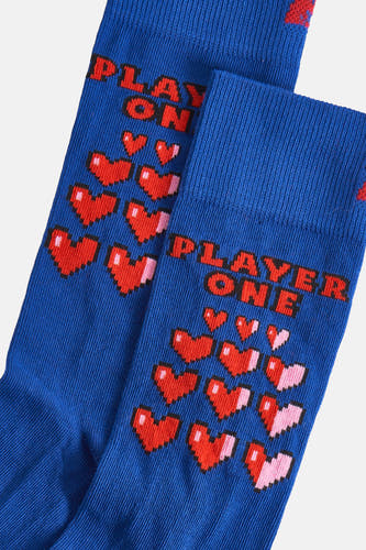 Chaussettes bleues de Happy Socks® avec un motif de cœurs pixelisés et "Player One".