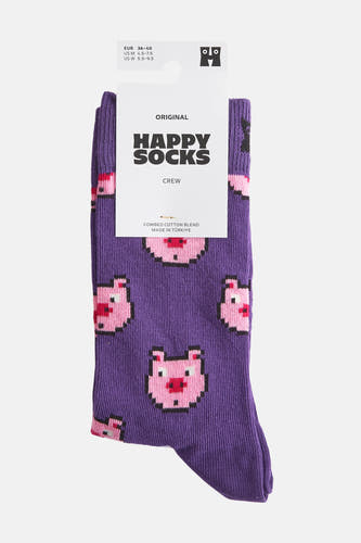 Chaussettes noires de Happy Socks avec un motif de visages de porcs en forme de pixels.