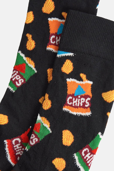 Chaussettes noires de Happy Socks® avec un motif de sacs de chips et de chips individuelles.