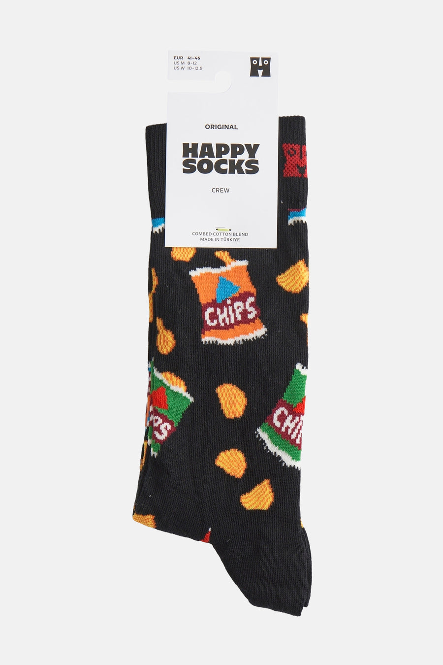 Chaussettes noires de Happy Socks avec une impression intégrale de sacs de chips et de chips individuelles.