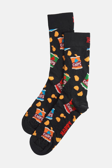 Chaussettes noires de Happy Socks, avec un motif de chips et des points en forme de chips jaunes.