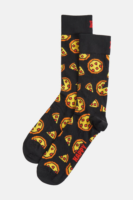 Chaussettes noires avec motif pizza de Happy Socks, modèle crew avec un mélange de coton confortable.