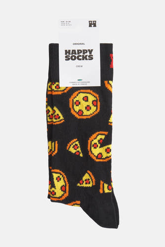 Zwarte sokken met pizza-patroon van Happy Socks, crew model met een comfortabele katoenmix.
