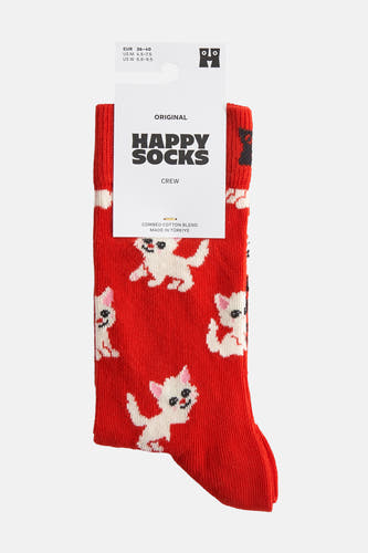 Chaussettes rouges de Happy Socks avec des chats blancs et une texture rayée.