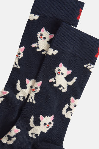 Chaussettes bleues de Happy Socks® avec un joli motif de petites chattes blanches et des accents roses.