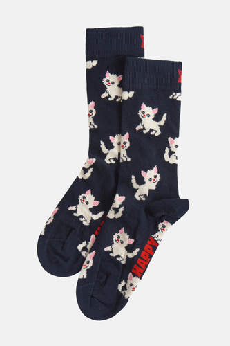 Chaussettes bleues de Happy Socks avec des chats blancs et du texte rouge.
