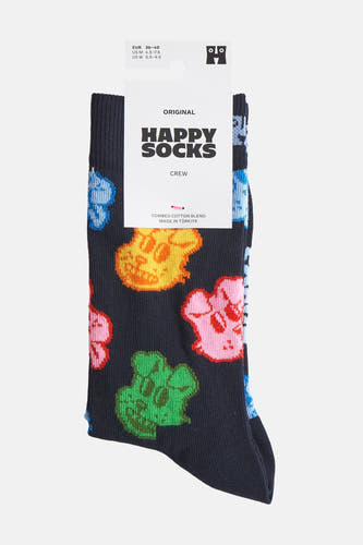 Veelkleurige sokken van Happy Socks met opvallende skull motieven in blauw, geel, roze en groen.