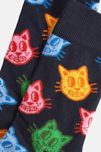 Chaussettes bleues de Happy Socks® avec un motif coloré de visages de chats.