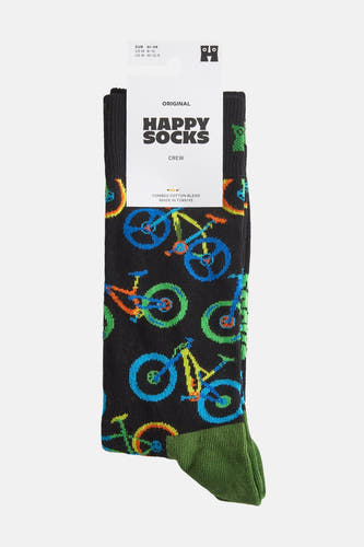 Chaussettes noires de Happy Socks avec une impression de vélos colorés et un  et un talon vert.