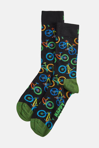 Chaussettes noires de Happy Socks avec un motif de vélos colorés et de détails verts.