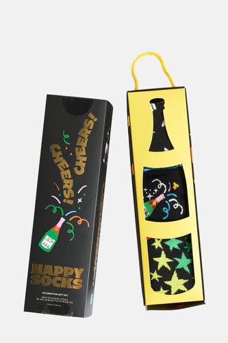 Ensemble de cadeaux noirs Happy chocks S avec des chambons champagne et des étoiles, emballé dans une boîte festive.