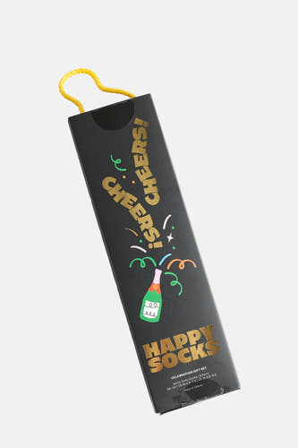 Zwarte cadeauverpakking sokken van Happy Socks met gouden "Cheers!" en champagnefles illustratie.