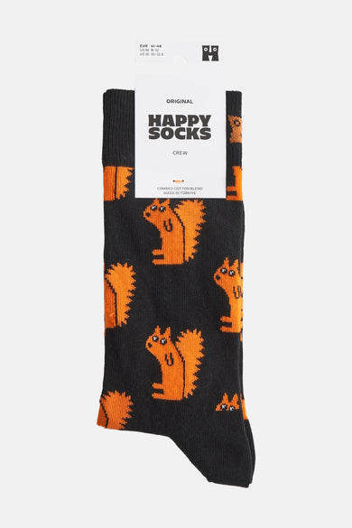 Chaussettes noires de Happy Socks, avec des écureuils pixel art en orange.