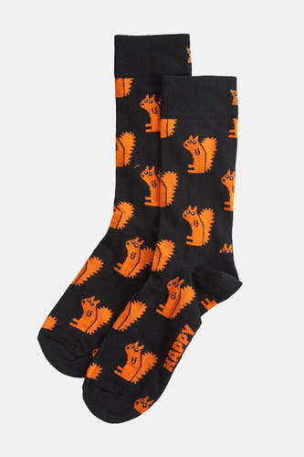 Chaussettes noires de Happy Socks avec une impression joyeuse et pixelisée d'écureuil.