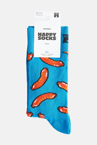 Blauwe sokken van Happy Socks met een pixelvormig worstjespatroon.
