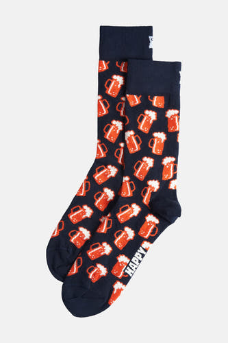 Chaussettes bleues de Happy Socks, avec un motif de mousse à bière orange et une encolure blanche.